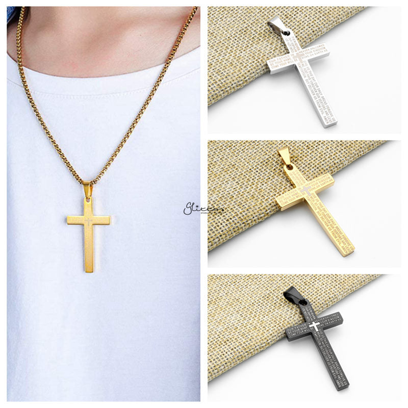 Lord's Prayer Cross Stainless Steel Pendant - Silver-Jewellery, Men's Jewellery, Men's Necklace, Necklaces, Pendants, Stainless Steel, Stainless Steel Pendant-SP0266-M-Glitters