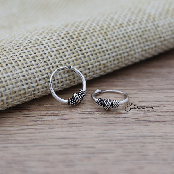 Sterling Silver Bali Hoop Sleeper Earrings - 12mm - SSE0239-earrings, Hoop Earrings, Jewellery, Women's Earrings, Women's Jewellery-SSE0239_03-Glitters