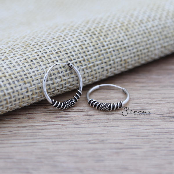 Sterling Silver Bali Hoop Sleeper Earrings - 14mm - SSE0308-earrings, Hoop Earrings, Jewellery, Women's Earrings, Women's Jewellery-SSE0308_01-Glitters