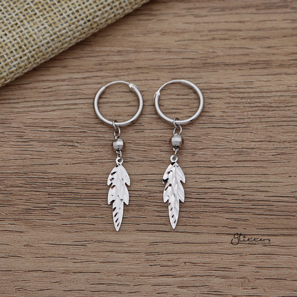 925 Sterling Silver Dangle Leaf Hoop Earrings-earrings, Hoop Earrings, Jewellery, Women's Earrings, Women's Jewellery-SSE0352-01_600-Glitters