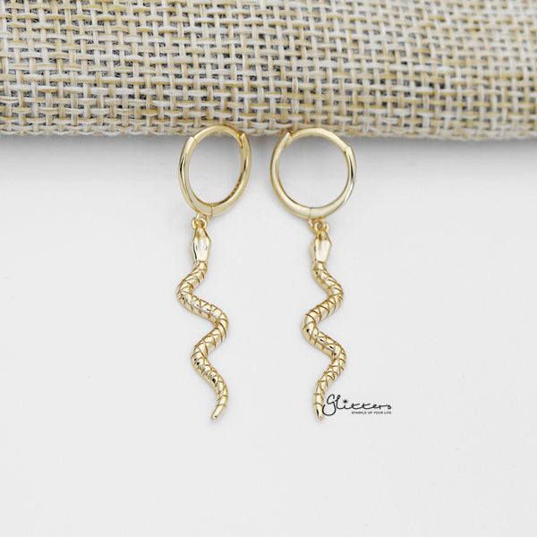 925 Sterling Silver Dangle Snake One-Touch Huggie Hoop Earrings-earrings, Hoop Earrings, Jewellery, Women's Earrings, Women's Jewellery-SSE0377-G_600-Glitters