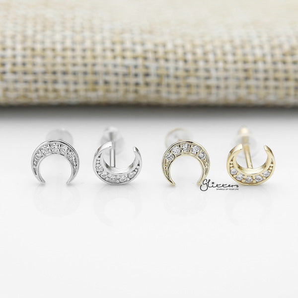 Solid 925 Sterling Silver CZ Crescent Moon Stud Earrings-Cubic Zirconia, earrings, Jewellery, Stud Earrings, Women's Earrings, Women's Jewellery-SSE0386-A_600-Glitters