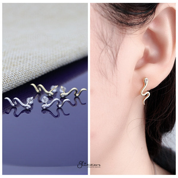 Solid 925 Sterling Silver CZ Snake Stud Earrings-Cubic Zirconia, earrings, Jewellery, Stud Earrings, Women's Earrings, Women's Jewellery-SSE0389-M-Glitters
