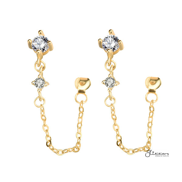 925 Sterling Silver Two C.Z with Chain Stud Earrings - Gold-Cubic Zirconia, earrings, Jewellery, Stud Earrings, Women's Earrings, Women's Jewellery-SSE0394-G1-Glitters