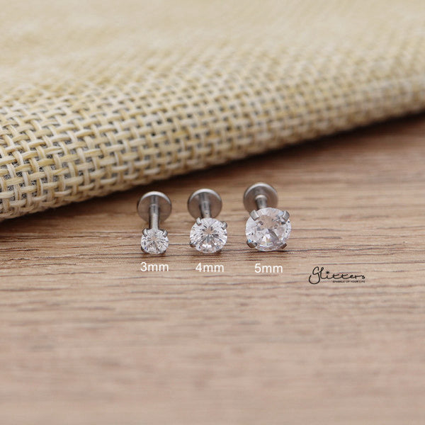 316L Surgical Steel Internally Threaded with Prong Set C.Z Top Cartilage Tragus Flat Back Studs