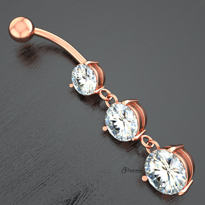 Triple Round CZ Belly Button Navel Ring - Rose Gold-Belly Ring, Body Piercing Jewellery, Cubic Zirconia-bj0352_1__1-Glitters
