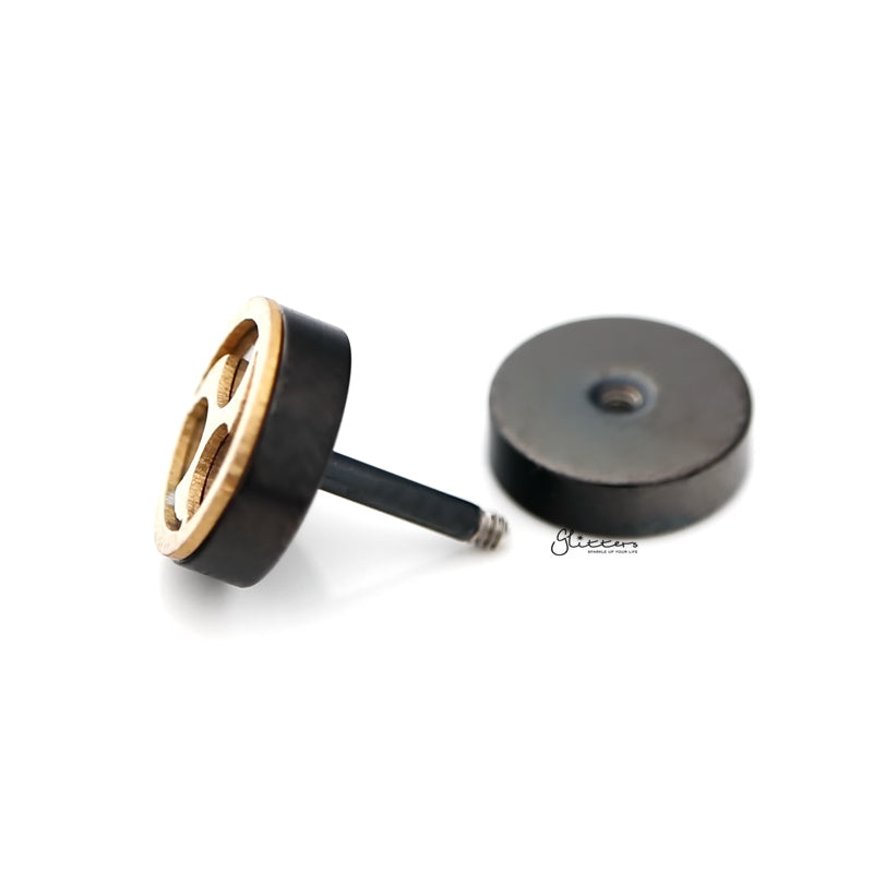 Black Round Fake Plug Earring with Gold Zed Shuriken-Body Piercing Jewellery, earrings, Fake Plug, Jewellery, Men's Earrings, Men's Jewellery, Stainless Steel-fp0162-2_800-Glitters