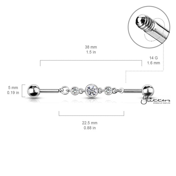 316L Surgical Steel Triple Round CZ Chain Industrial Barbell-Body Piercing Jewellery, Cubic Zirconia, Industrial Barbell-ib0003-BI67-02-Glitters