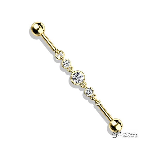 316L Surgical Steel Triple Round CZ Chain Industrial Barbell-Body Piercing Jewellery, Cubic Zirconia, Industrial Barbell-ib0003-BI67-G-Glitters