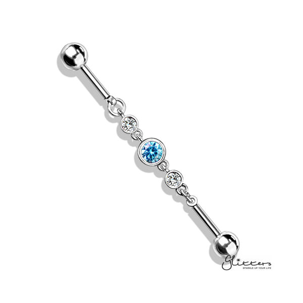 316L Surgical Steel Triple Round CZ Chain Industrial Barbell-Body Piercing Jewellery, Cubic Zirconia, Industrial Barbell-ib0003-BI67-Q-Glitters