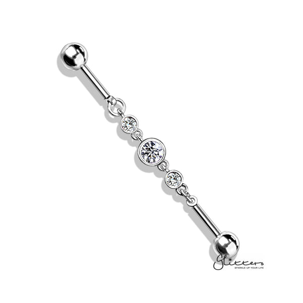 316L Surgical Steel Triple Round CZ Chain Industrial Barbell-Body Piercing Jewellery, Cubic Zirconia, Industrial Barbell-ib0003-BI67-S-Glitters