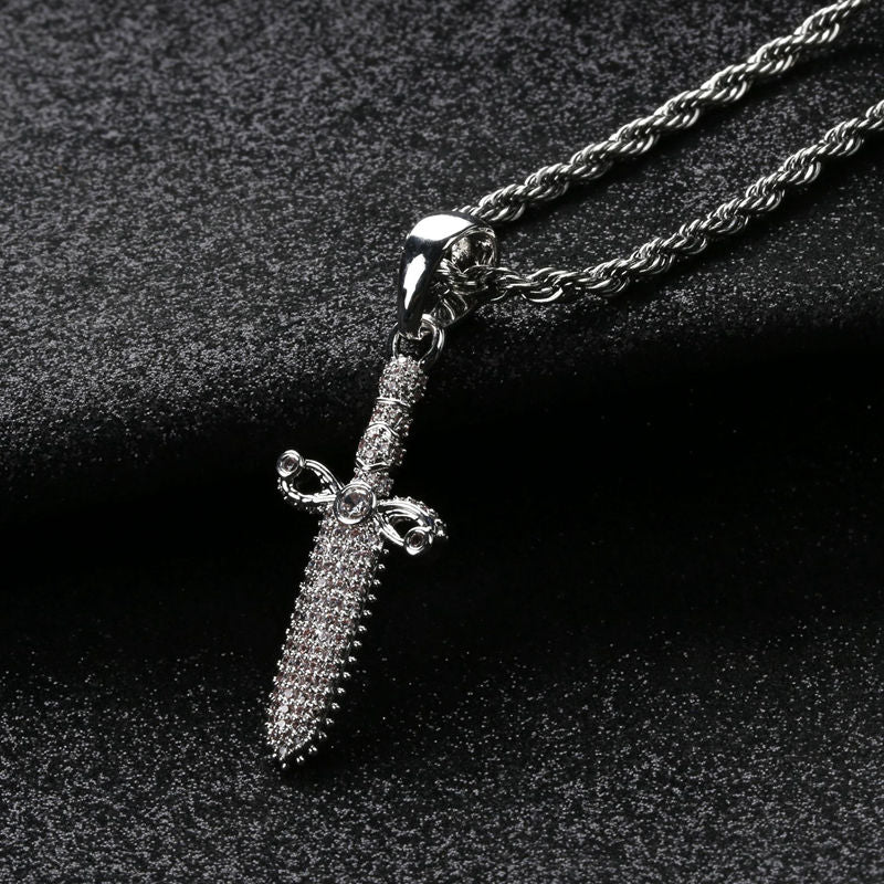 Iced Out Sword Pendant - Silver-Hip Hop, Hip Hop Pendant, Iced Out, Men's Necklace, Necklaces, Pendants-nk1082-S2-Glitters