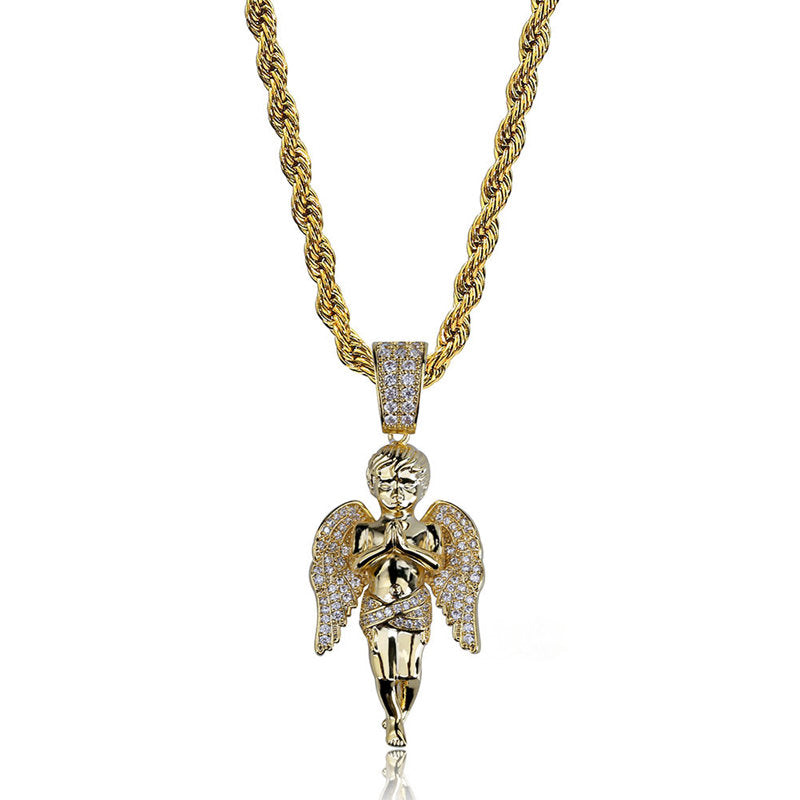 Iced Out Praying Angel Pendant - Gold-Hip Hop, Hip Hop Pendant, Iced Out, Men's Necklace, Necklaces, Pendants-nk1083-2-Glitters