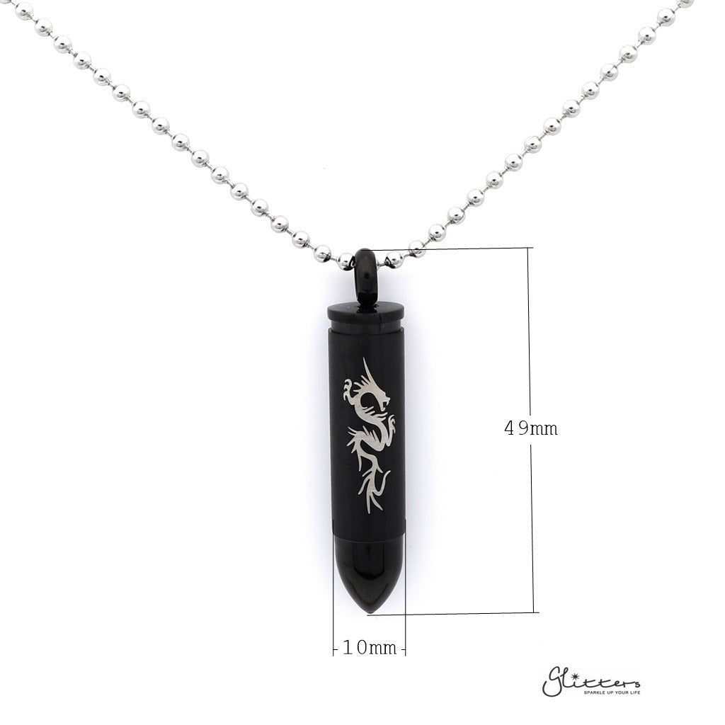 Stainless Steel Openable Bullet Pendant with Dragon Pattern - Keepsake | Memorial-Jewellery, Men's Jewellery, Men's Necklace, Necklaces, Pendants, Stainless Steel, Stainless Steel Pendant-sp0245_1000_New-Glitters