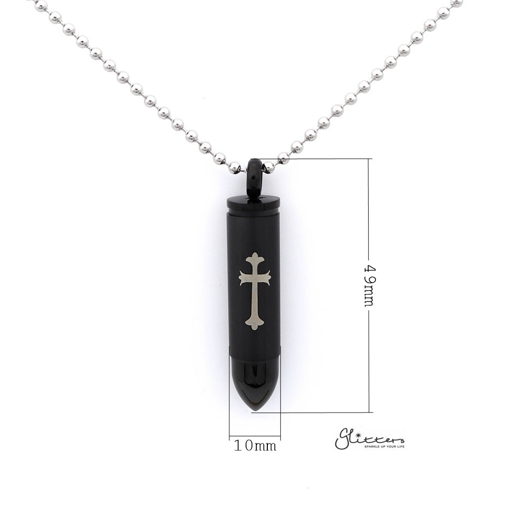 Stainless Steel Openable Bullet Pendant with Cross Pattern - Keepsake | Memorial-Jewellery, Men's Jewellery, Men's Necklace, Necklaces, Pendants, Stainless Steel, Stainless Steel Pendant-sp0246_1000-01_New-Glitters