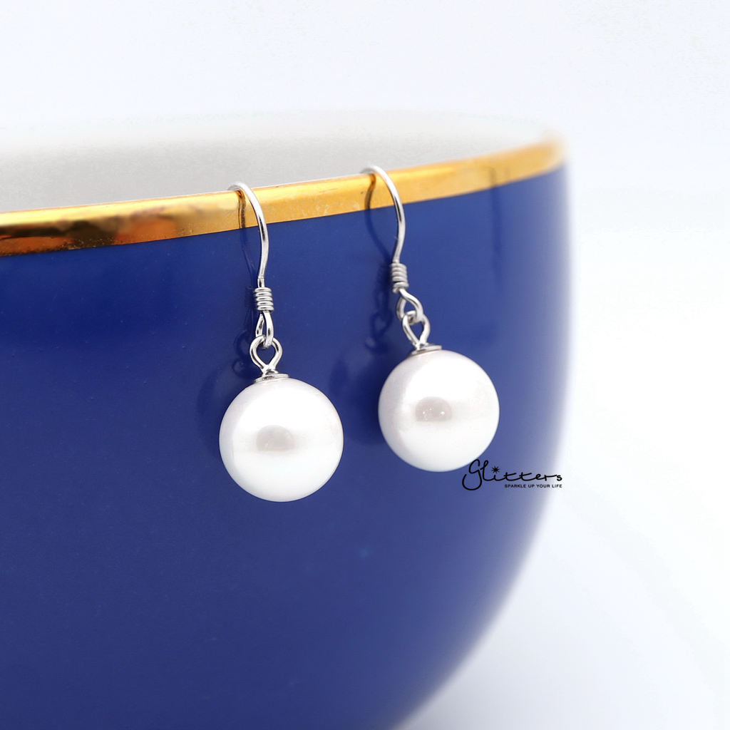 10mm Round Shell Pearl Sterling Silver Hook Dangle Earrings-Dangle Earring, earrings, Jewellery, Women's Earrings, Women's Jewellery-sse0038_1000-01-Glitters
