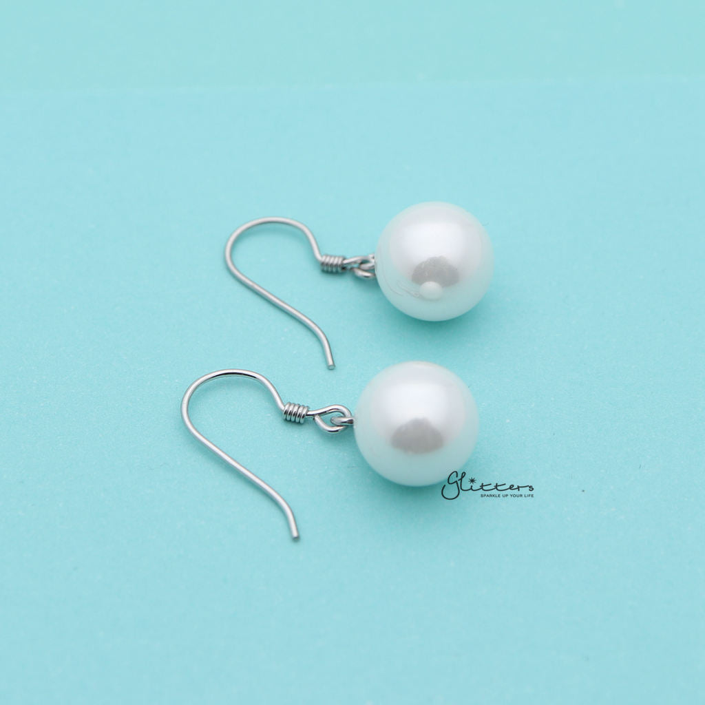 10mm Round Shell Pearl Sterling Silver Hook Dangle Earrings-Dangle Earring, earrings, Jewellery, Women's Earrings, Women's Jewellery-sse0038_1000-02-Glitters