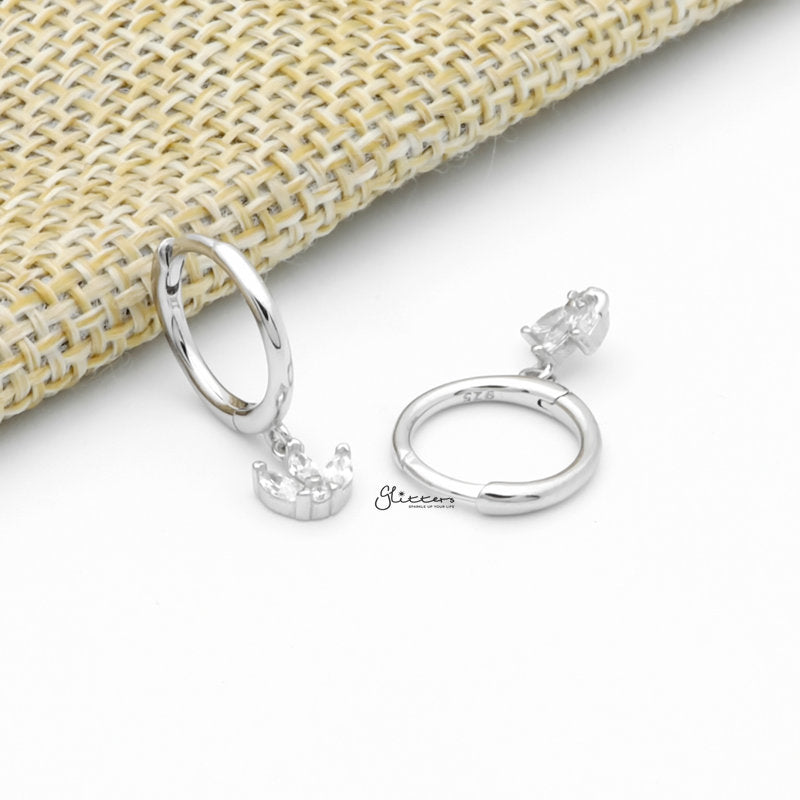 Three Marquise CZ Charm Huggie Hoop Earrings - Silver-Cubic Zirconia, earrings, Hoop Earrings, Jewellery, Women's Earrings, Women's Jewellery-sse0431-s1_1-Glitters