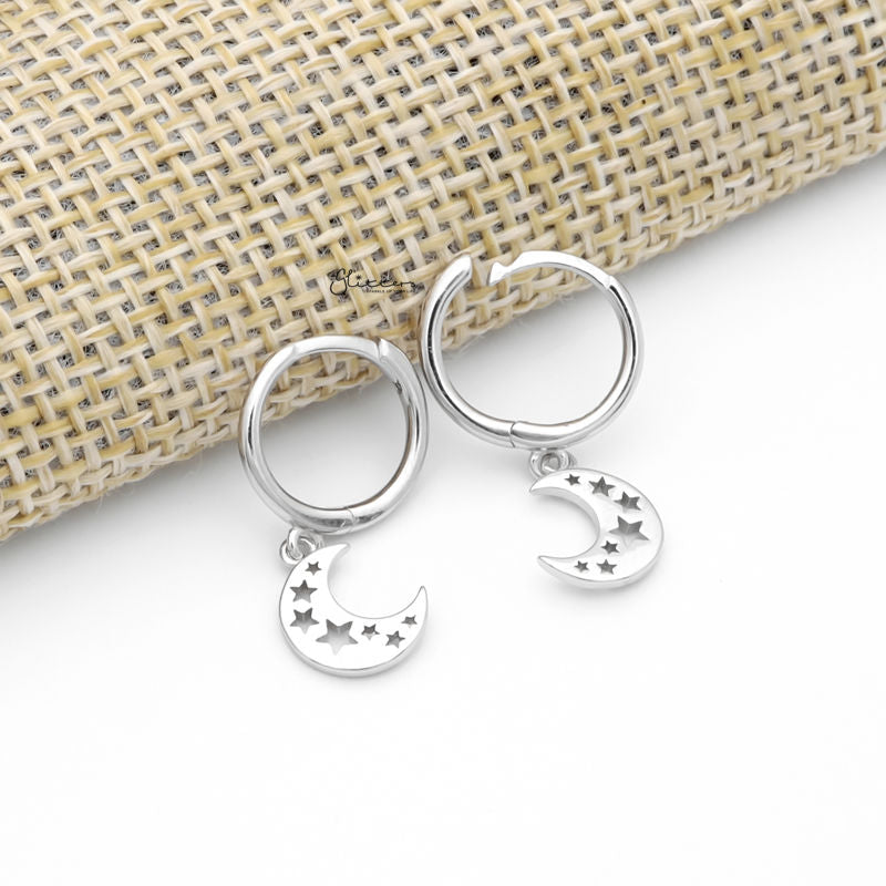 Crescent Moon with Stars Charm Huggie Hoop Earrings - Silver-earrings, Hoop Earrings, Jewellery, Women's Earrings, Women's Jewellery-sse0435-s2_800-Glitters