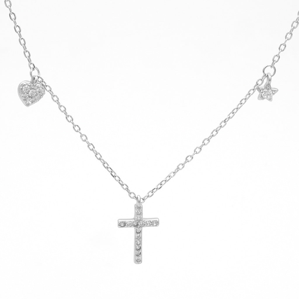 Sterling Silver C.Z Paved Cross Necklace-Cubic Zirconia, Jewellery, Necklaces, New, Out of stock, Sterling Silver Necklaces, Women's Jewellery, Women's Necklace-ssp0183-s1_1-Glitters